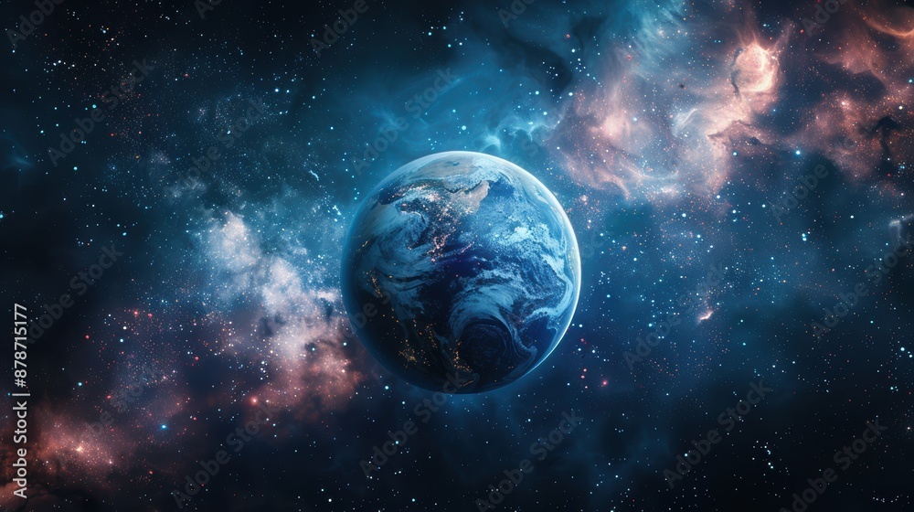 Earth floating in the vastness of space, surrounded by colorful nebulas and countless stars. Earth floating in the vastness of space, surrounded by colorful nebulas and countless stars.