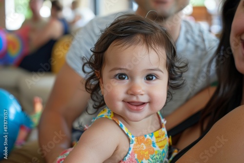 A baby girl, with brown hair and eyes, smiles widely while looking at the camera and being held by her parents