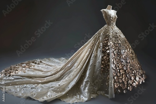 A luxurious gown with a train that cascades down in a waterfall of buttons