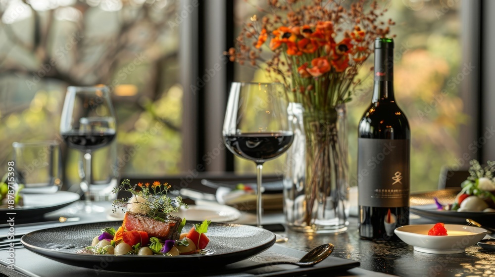 A lavish dinner with gourmet plates, premium wine, and a sophisticated setting, showcasing luxury and refinement. A lavish dinner with gourmet plates, premium wine, and a sophisticated setting, showcasing luxury and refinement.