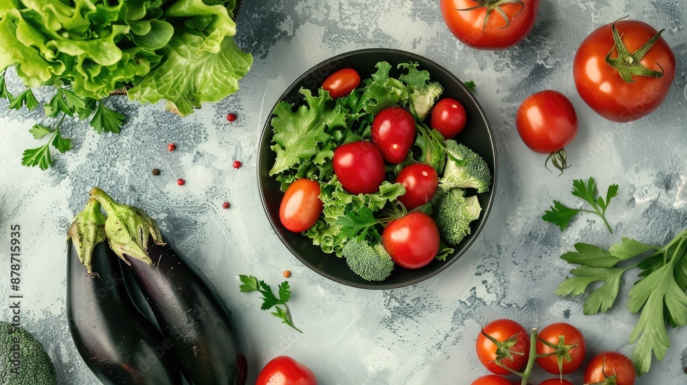Seasonal Vegetables Fresh Salad Tomatoes and Eggplant on Light Background Top View Seasonal Vegetables Fresh Salad Tomatoes and Eggplant on Light Background Top View
