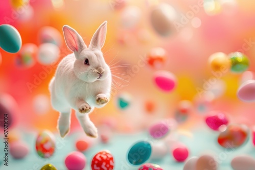 A happy white bunny surrounded by colorful Easter eggs, mid-jump with a joyful expression, color background © Ольга Лукьяненко