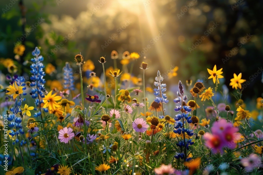 A field of flowers with a bright sun shining on them A field of flowers with a bright sun shining on them