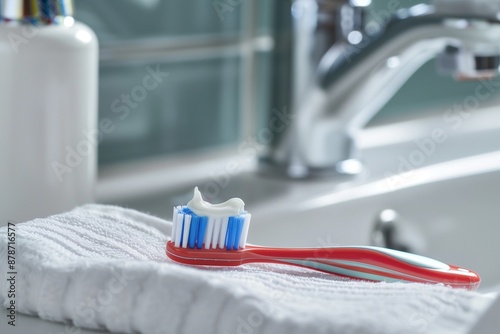 A close-up of a toothbrush head with fresh toothpaste, placed on a pristine white sink. photo