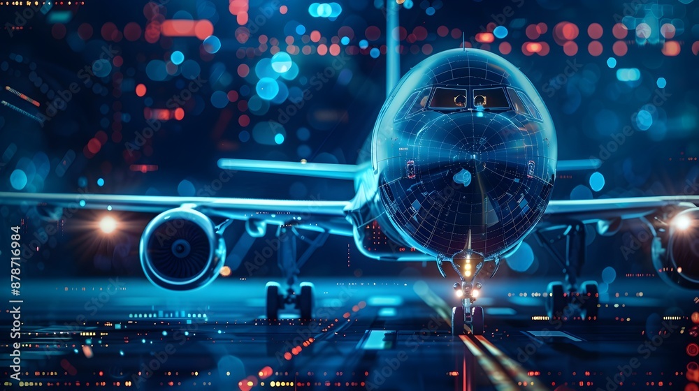 Fototapeta premium Cybersecurity Solutions for the Aviation Industry at Night with Aircraft and Terminals