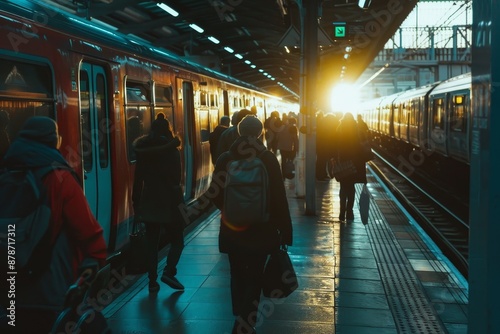 Individuals gathered by train tracks at a busy station, preparing to board a train, Commuters walking to catch a train at a busy station photo