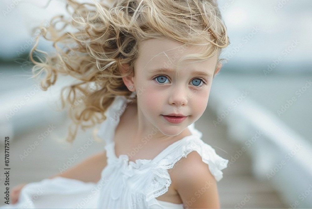 Stunning high resolution photos of a curly 5 year old blonde girl in a white bell dress having fun with the wind on the pier Stunning high resolution photos of a curly 5 year old blonde girl in a white bell dress having fun with the wind on the pier