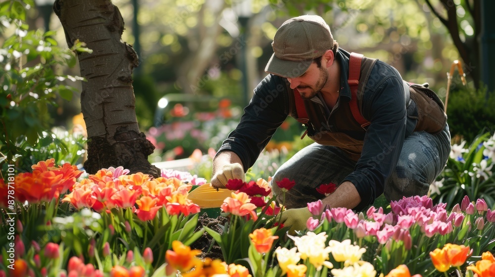 Man tending colorful tulip garden in springtime Man tending colorful tulip garden in springtime