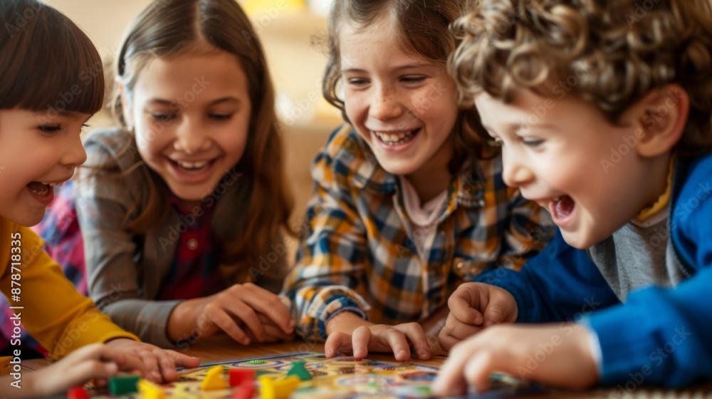 Group of children enjoying a board game together, laughing and having fun. Group of children enjoying a board game together, laughing and having fun.