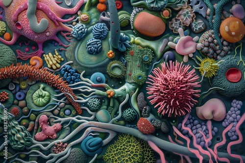 A painting displaying a variety of coral species in intricate detail, Complex and fascinating microorganisms at a microscopic scale photo