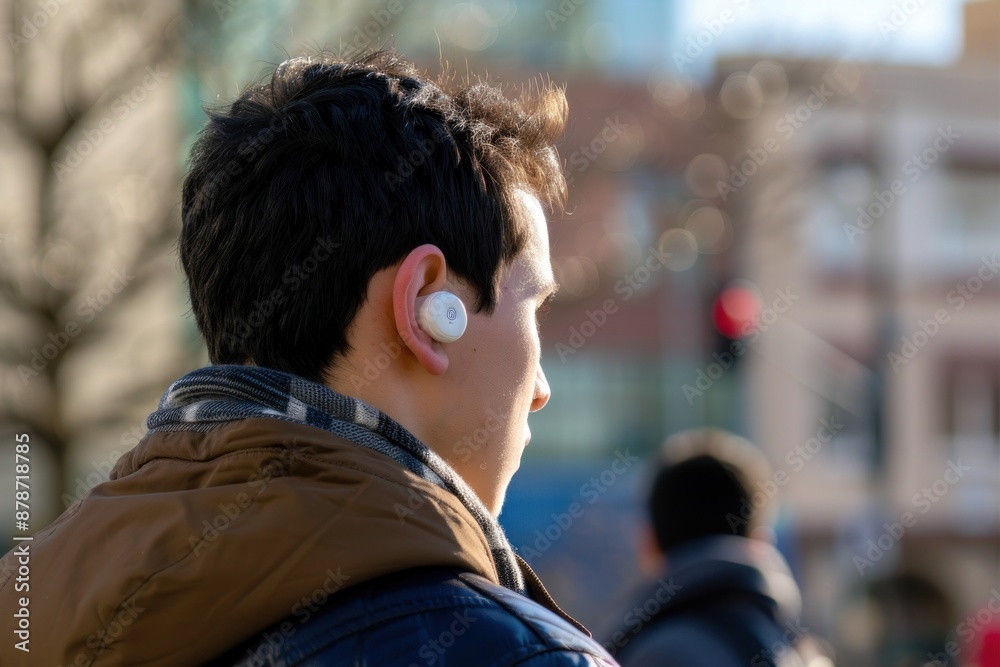 A Close up person using wireless earbuds for virtual assistant commands copy space A Close up person using wireless earbuds for virtual assistant commands copy space