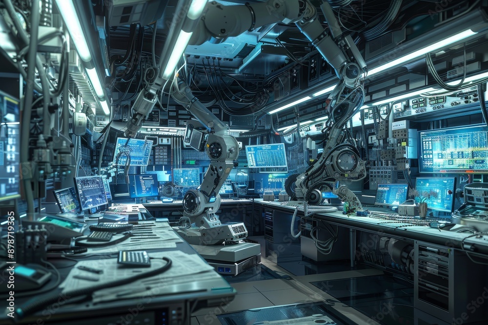 A room packed with various electronic gadgets and devices in a high-tech laboratory setting, Conceptualize a high-tech laboratory filled with blinking screens and robotic arms A room packed with various electronic gadgets and devices in a high-tech laboratory setting, Conceptualize a high-tech laboratory filled with blinking screens and robotic arms