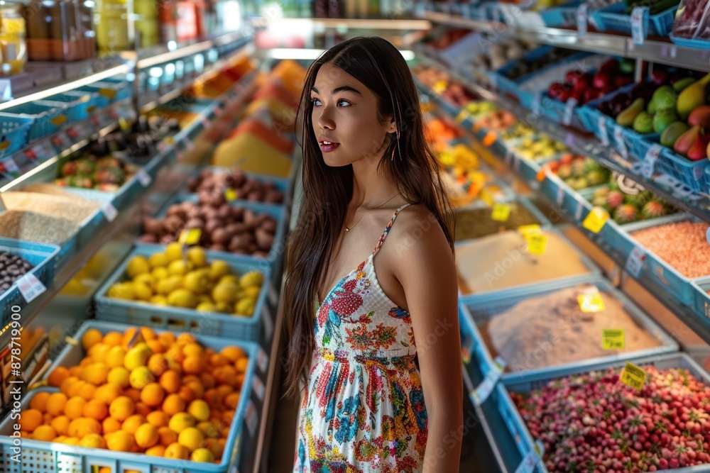 A woman stands in a produce section of a grocery store