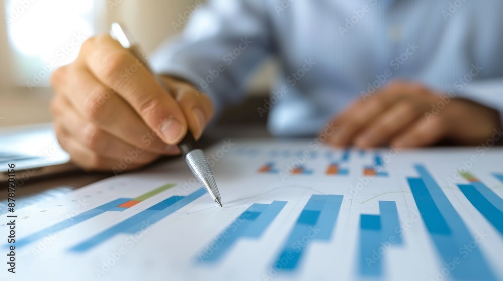 Investment advisor explaining mutual fund performance using bar graphs and visuals. Investment advisor explaining mutual fund performance using bar graphs and visuals.