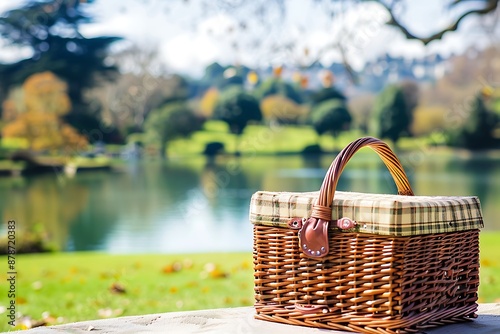 A luxury picnic basket with a backdrop of a picturesque park photo