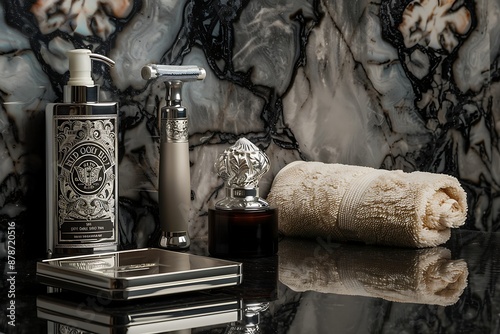 A luxury shaving kit with a backdrop of dark marble and silver accents