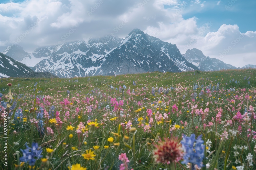 Obraz premium A field of flowers with a mountain in the background