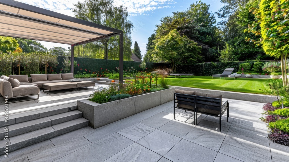 Modern patio with sectional sofa and pergola in a lush backyard