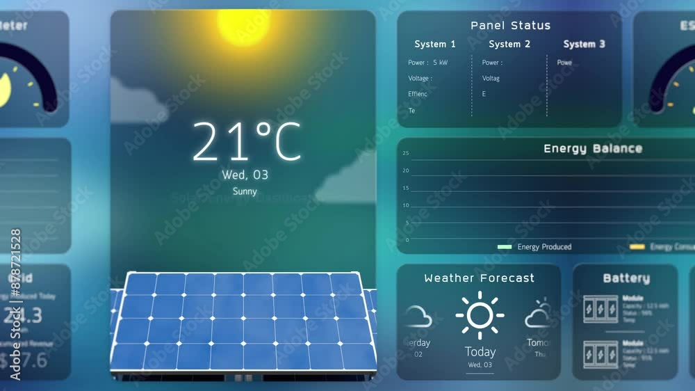 Solar power monitoring system, digital infographic data of green energy management app dashboard, clean renewable electricity technology, Net zero carbon emission home IoT user interface 3d rendering