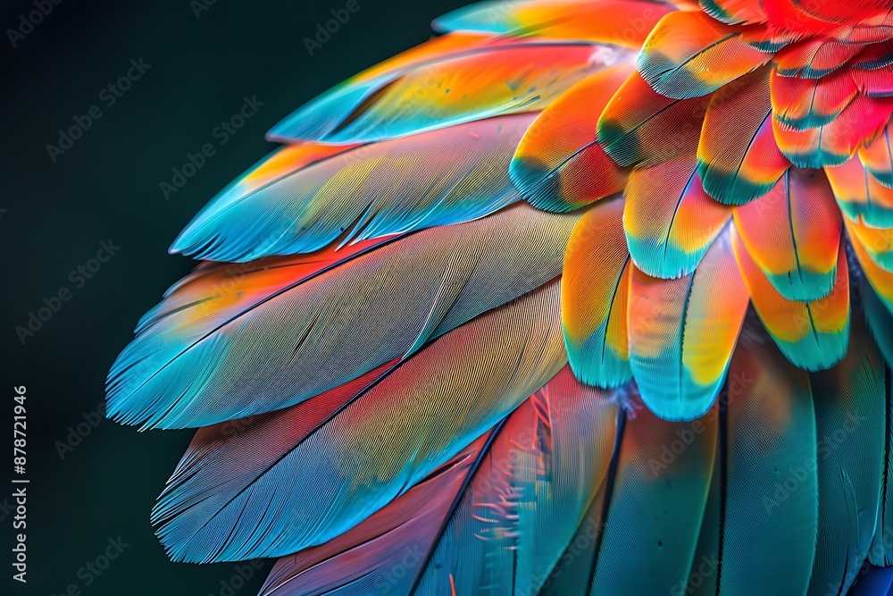 A macro shot of a vibrant, multi-colored parrot feather A macro shot of a vibrant, multi-colored parrot feather