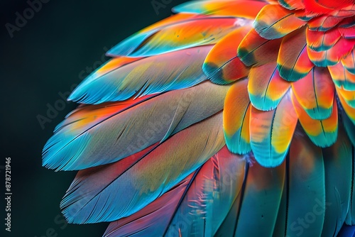 A macro shot of a vibrant, multi-colored parrot feather