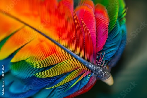 A macro shot of a vibrant, multi-colored parrot feather