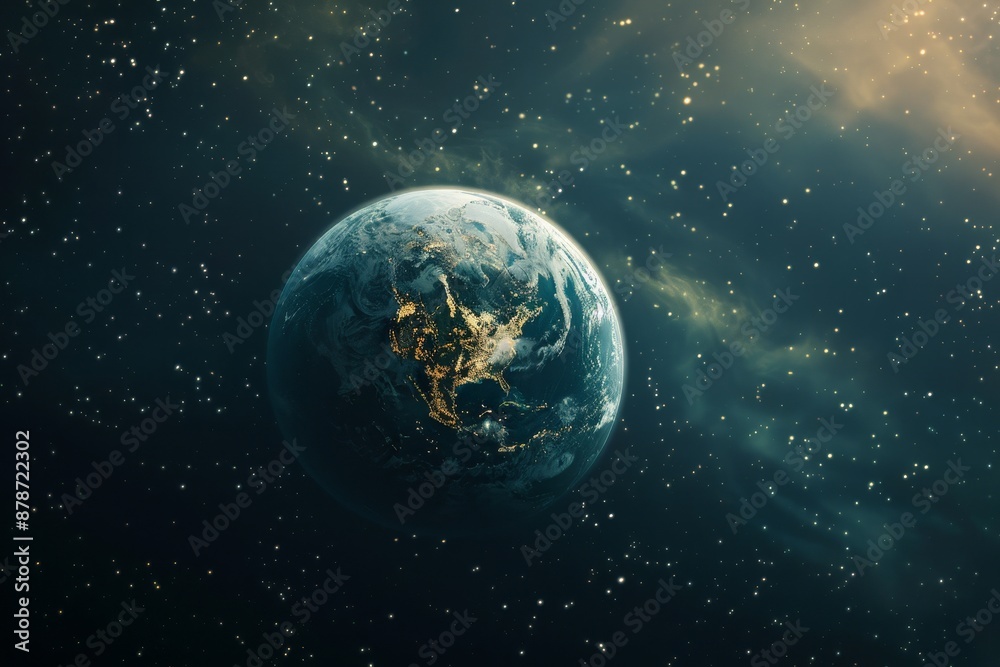 Obraz premium The Earth is seen from a distance in space, showcasing its vast oceans and continents, Constant companion to Earth, drifting through space in perfect harmony