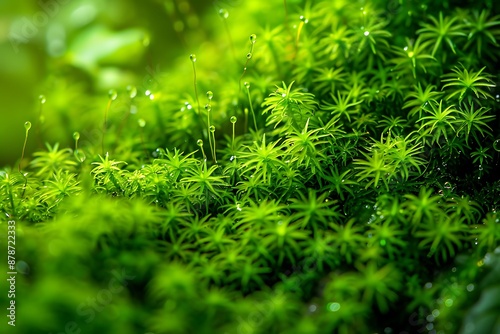 A macro shot of vibrant green moss with tiny water droplets