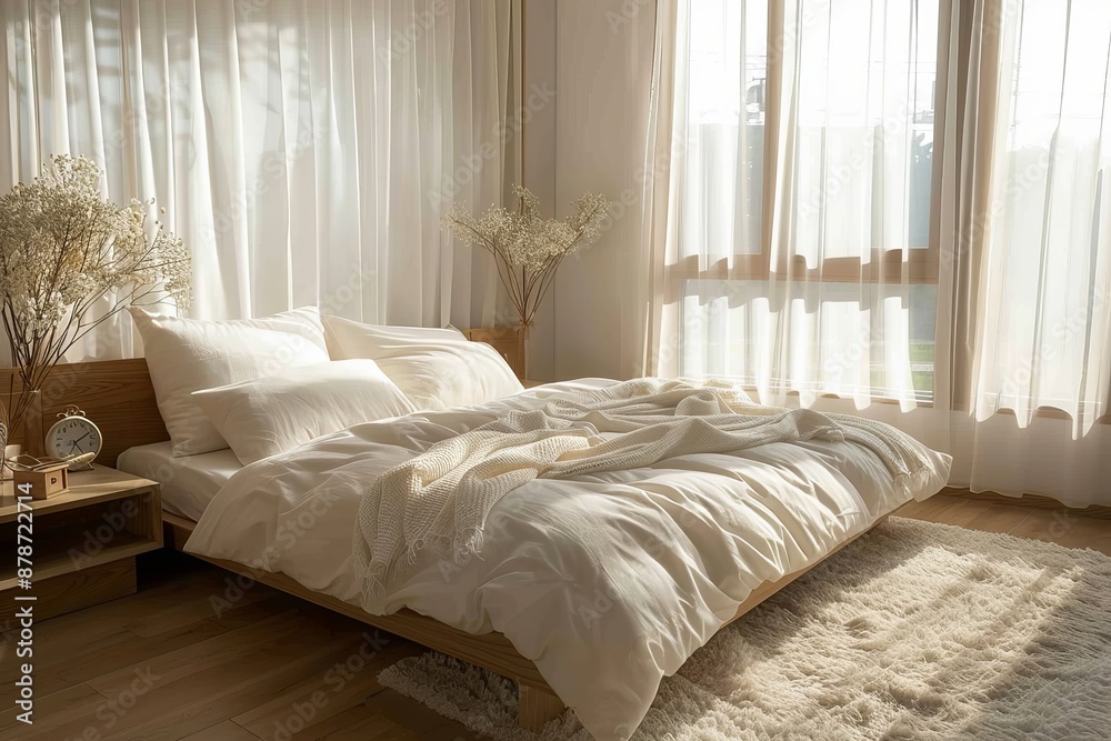 minimalist bedroom with an elegant wooden bed, white bedding, and soft fluffy pillows arranged in front of large windows with sheer curtains minimalist bedroom with an elegant wooden bed, white bedding, and soft fluffy pillows arranged in front of large windows with sheer curtains