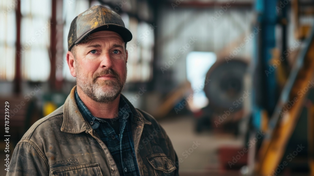 Portrait of a man wearing a camo hat in a factory setting