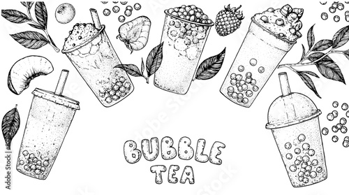 Bubble tea frame. Hand drawn vector illustration. Bubble tea sketch collection. Design template.