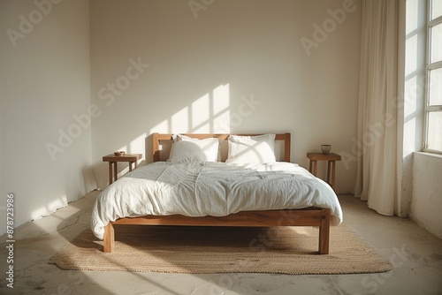 minimalist bedroom with an elegant wooden bed, white bedding, and soft fluffy pillows arranged in front of large windows with sheer curtains photo