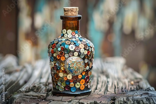 A magical potion bottle, its label a mosaic of tiny, colorful buttons photo