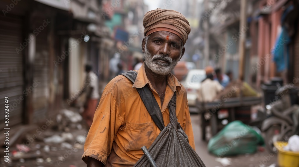 Elderly man carrying garbage bag in busy indian street Elderly man carrying garbage bag in busy indian street