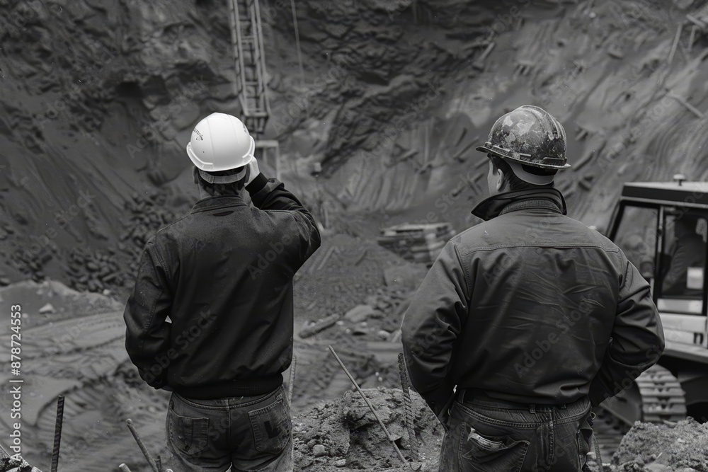 A duo of construction workers in hard hats standing next to each other, surveying the site, Construction workers in hard hats surveying the site A duo of construction workers in hard hats standing next to each other, surveying the site, Construction workers in hard hats surveying the site