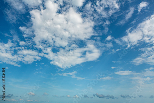 Sky blue, cloudy background, Horizon, Clear spring sky in the morning on the beach, panoramic banner on the background of white clouds over the blue ocean