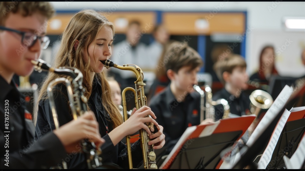 Fototapeta premium Young musicians playing saxophones in a school band