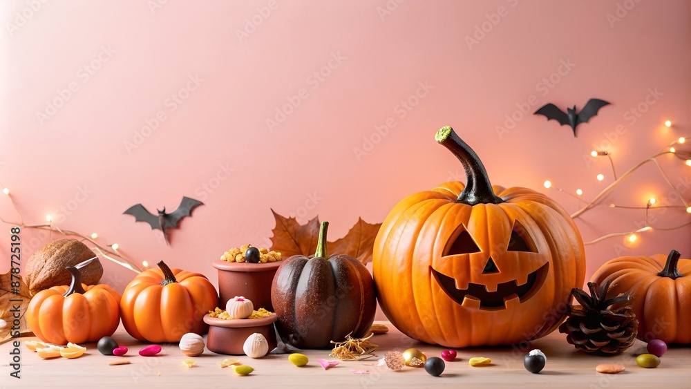 Halloween banner copy space with halloween pumpkin, bat, chocolate, spooky item frame isolated on soft pink background Halloween banner copy space with halloween pumpkin, bat, chocolate, spooky item frame isolated on soft pink background