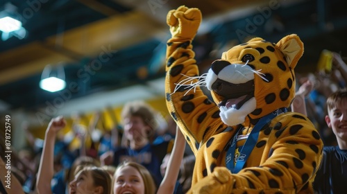 Cheering jaguar mascot at a high school basketball game