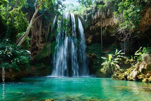 A majestic waterfall cascading into an emerald lagoon surrounded by exotic flora photo