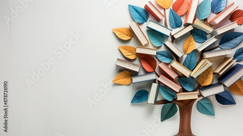 International literacy day concept with tree with books like leaves. Literacy, education, knowledge concept with color books on tree on white background, focus cover all object