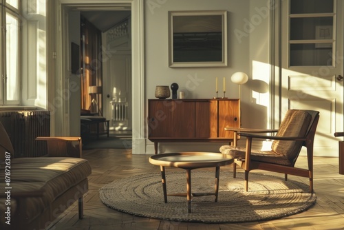 Wallpaper Mural A living room with a brown coffee table and a brown chair Torontodigital.ca