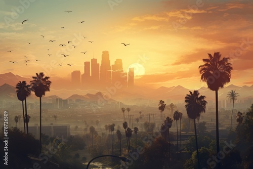 Wallpaper Mural Los Angeles Dawn Aerial View of Palm Trees and Skyline.jpeg Torontodigital.ca