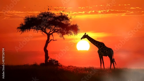 silhouette of giraffe on sunset video animation background Seamless looping  4k quality