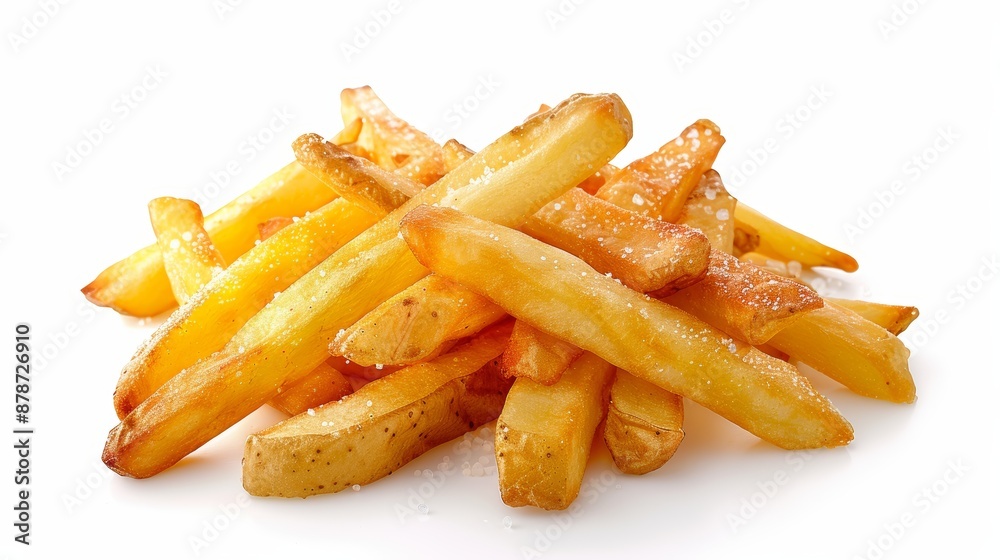 Pile of crunchy, golden French fries, isolated against a white background, high resolution, fine details of salt and texture, appealing and delicious, focus cover all object Pile of crunchy, golden French fries, isolated against a white background, high resolution, fine details of salt and texture, appealing and delicious, focus cover all object