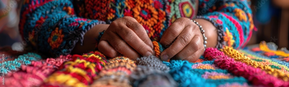 Someone is knitting a colorful blanket with a lot of beads, indigenous artisans displaying their crafts Someone is knitting a colorful blanket with a lot of beads, indigenous artisans displaying their crafts