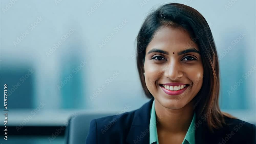 Pushing towards a confident female Indian executive smiling in her modern office overlooking the city. Pushing towards a confident female Indian executive smiling in her modern office overlooking the city.