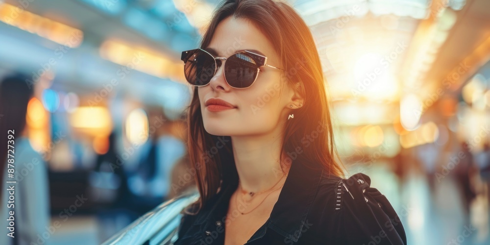 A young woman, wearing sunglasses and a black jacket, stands amidst a bustling city scene, her gaze directed towards the horizon A young woman, wearing sunglasses and a black jacket, stands amidst a bustling city scene, her gaze directed towards the horizon