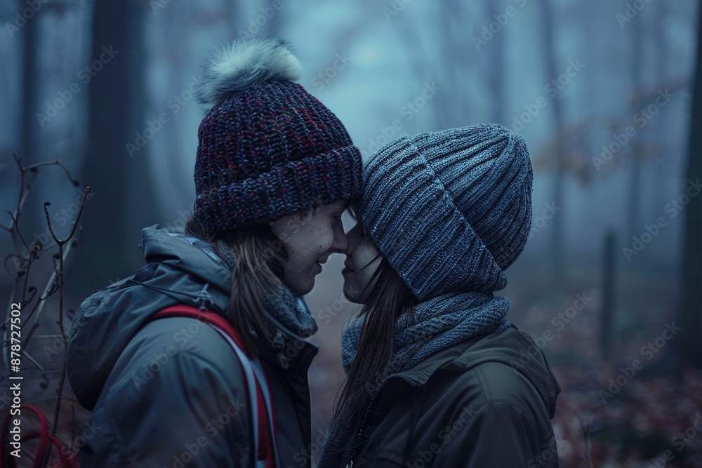 Two young people, bundled in warm winter clothing, stand close to each other in a misty forest, their foreheads touching Two young people, bundled in warm winter clothing, stand close to each other in a misty forest, their foreheads touching