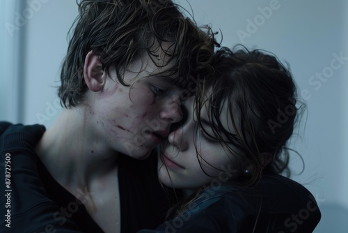 A young man and woman embrace, their faces close and expressions filled with both pain and love, their bodies bearing the marks of a tumultuous ordeal